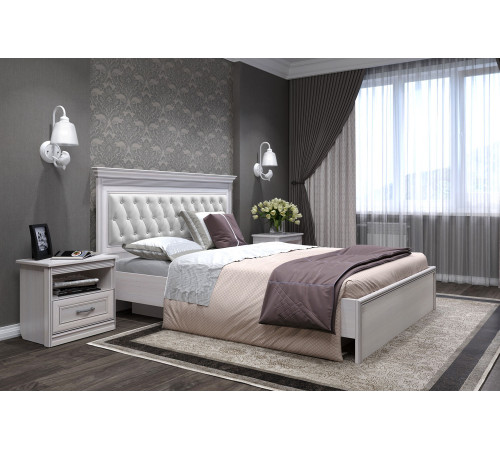 Кровать 1400/1600/1800 с подъемным механизмом Неаполь  Ясень анкор светлый (патина "серебро") экокожа polo белая